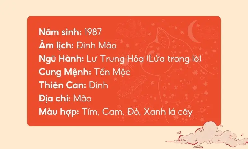 Tuổi Đinh Mão (năm sinh 1987) thuộc mệnh Hỏa, cầm tinh con Mèo